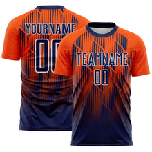 Load image into Gallery viewer, Custom Navy Orange-White Spiked Sharp Lines Gradient Sublimation Soccer Uniform Jersey
