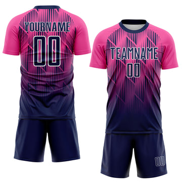 Custom Navy Pink-White Spiked Sharp Lines Gradient Sublimation Soccer Uniform Jersey