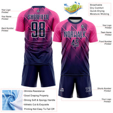 Load image into Gallery viewer, Custom Navy Pink-White Spiked Sharp Lines Gradient Sublimation Soccer Uniform Jersey
