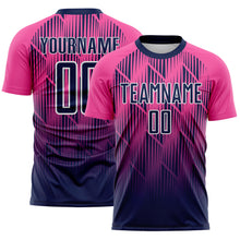 Load image into Gallery viewer, Custom Navy Pink-White Spiked Sharp Lines Gradient Sublimation Soccer Uniform Jersey
