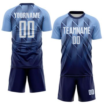 Custom Navy White-Light Blue Spiked Sharp Lines Gradient Sublimation Soccer Uniform Jersey