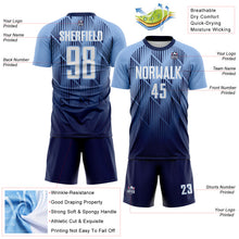 Load image into Gallery viewer, Custom Navy White-Light Blue Spiked Sharp Lines Gradient Sublimation Soccer Uniform Jersey
