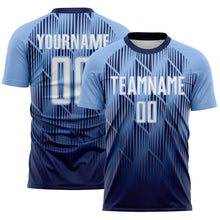 Load image into Gallery viewer, Custom Navy White-Light Blue Spiked Sharp Lines Gradient Sublimation Soccer Uniform Jersey
