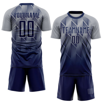 Custom Navy-Gray Spiked Sharp Lines Gradient Sublimation Soccer Uniform Jersey