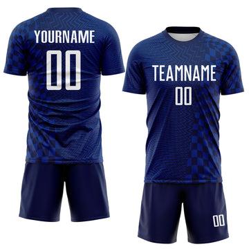 Custom Royal White-Navy Geometric Patchwork Asymmetry Checkered Zigzag Lines Sublimation Soccer Uniform Jersey