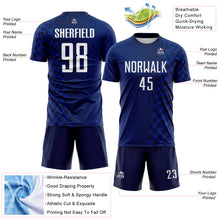 Laden Sie das Bild in den Galerie-Viewer, Custom Royal White-Navy Geometric Patchwork Asymmetry Checkered Zigzag Lines Sublimation Soccer Uniform Jersey
