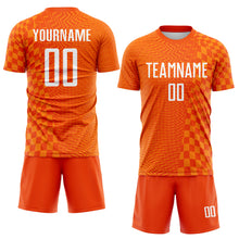 Load image into Gallery viewer, Custom Orange-White Geometric Patchwork Asymmetry Checkered Zigzag Lines Sublimation Soccer Uniform Jersey
