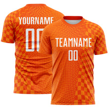 Load image into Gallery viewer, Custom Orange-White Geometric Patchwork Asymmetry Checkered Zigzag Lines Sublimation Soccer Uniform Jersey
