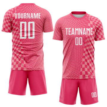 Custom Neon Pink White-Medium Pink Geometric Patchwork Asymmetry Checkered Zigzag Lines Sublimation Soccer Uniform Jersey