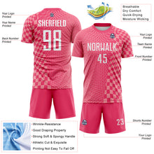 Laden Sie das Bild in den Galerie-Viewer, Custom Neon Pink White-Medium Pink Geometric Patchwork Asymmetry Checkered Zigzag Lines Sublimation Soccer Uniform Jersey
