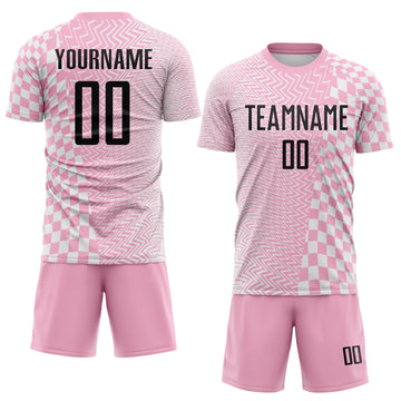 Custom Light Pink Black-White Geometric Patchwork Asymmetry Checkered Zigzag Lines Sublimation Soccer Uniform Jersey