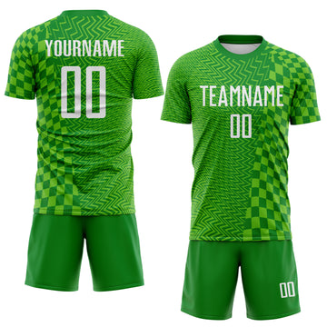 Custom Grass Green White-Aurora Green Geometric Patchwork Asymmetry Checkered Zigzag Lines Sublimation Soccer Uniform Jersey