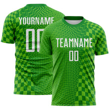 Laden Sie das Bild in den Galerie-Viewer, Custom Grass Green White-Aurora Green Geometric Patchwork Asymmetry Checkered Zigzag Lines Sublimation Soccer Uniform Jersey
