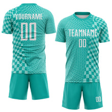 Load image into Gallery viewer, Custom Aqua White-Ice Blue Geometric Patchwork Asymmetry Checkered Zigzag Lines Sublimation Soccer Uniform Jersey
