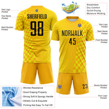 Charger l'image dans la galerie, Custom Gold Black-Light Yellow Geometric Patchwork Asymmetry Checkered Zigzag Lines Sublimation Soccer Uniform Jersey
