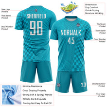 Load image into Gallery viewer, Custom Teal White-Lakes Blue Geometric Patchwork Asymmetry Checkered Zigzag Lines Sublimation Soccer Uniform Jersey
