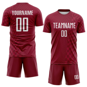 Custom Crimson-White Geometric Patchwork Asymmetry Checkered Zigzag Lines Sublimation Soccer Uniform Jersey