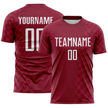 Загрузить изображение в средство просмотра галереи, Custom Crimson-White Geometric Patchwork Asymmetry Checkered Zigzag Lines Sublimation Soccer Uniform Jersey

