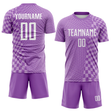 Custom Medium Purple White-Light Purple Geometric Patchwork Asymmetry Checkered Zigzag Lines Sublimation Soccer Uniform Jersey