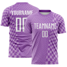 Load image into Gallery viewer, Custom Medium Purple White-Light Purple Geometric Patchwork Asymmetry Checkered Zigzag Lines Sublimation Soccer Uniform Jersey
