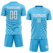 Load image into Gallery viewer, Custom Sky Blue-White Geometric Patchwork Asymmetry Checkered Zigzag Lines Sublimation Soccer Uniform Jersey
