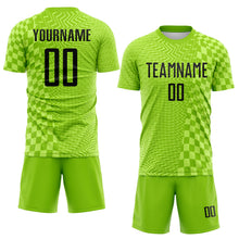 Laden Sie das Bild in den Galerie-Viewer, Custom Neon Green-Black Geometric Patchwork Asymmetry Checkered Zigzag Lines Sublimation Soccer Uniform Jersey
