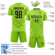 Laden Sie das Bild in den Galerie-Viewer, Custom Neon Green-Black Geometric Patchwork Asymmetry Checkered Zigzag Lines Sublimation Soccer Uniform Jersey
