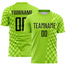 Laden Sie das Bild in den Galerie-Viewer, Custom Neon Green-Black Geometric Patchwork Asymmetry Checkered Zigzag Lines Sublimation Soccer Uniform Jersey
