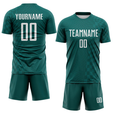 Custom Midnight Green-White Geometric Patchwork Asymmetry Checkered Zigzag Lines Sublimation Soccer Uniform Jersey