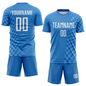 Custom Blue-White Geometric Patchwork Asymmetry Checkered Zigzag Lines Sublimation Soccer Uniform Jersey
