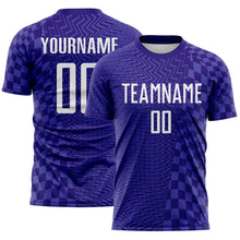 Laden Sie das Bild in den Galerie-Viewer, Custom Dark Purple-White Geometric Patchwork Asymmetry Checkered Zigzag Lines Sublimation Soccer Uniform Jersey
