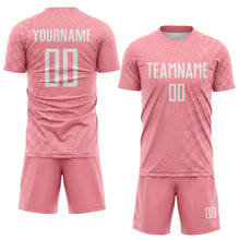 Laden Sie das Bild in den Galerie-Viewer, Custom Medium Pink-White Geometric Patchwork Asymmetry Checkered Zigzag Lines Sublimation Soccer Uniform Jersey
