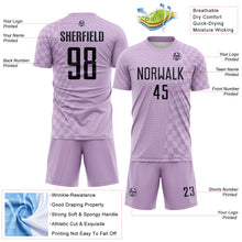 Laden Sie das Bild in den Galerie-Viewer, Custom Light Purple-Black Geometric Patchwork Asymmetry Checkered Zigzag Lines Sublimation Soccer Uniform Jersey
