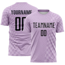 Laden Sie das Bild in den Galerie-Viewer, Custom Light Purple-Black Geometric Patchwork Asymmetry Checkered Zigzag Lines Sublimation Soccer Uniform Jersey
