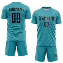 Load image into Gallery viewer, Custom Teal-Black Geometric Patchwork Asymmetry Checkered Zigzag Lines Sublimation Soccer Uniform Jersey
