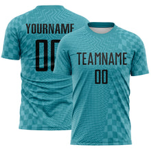 Load image into Gallery viewer, Custom Teal-Black Geometric Patchwork Asymmetry Checkered Zigzag Lines Sublimation Soccer Uniform Jersey
