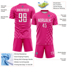 Laden Sie das Bild in den Galerie-Viewer, Custom Hot Pink-White Geometric Patchwork Asymmetry Checkered Zigzag Lines Sublimation Soccer Uniform Jersey
