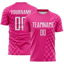 Laden Sie das Bild in den Galerie-Viewer, Custom Hot Pink-White Geometric Patchwork Asymmetry Checkered Zigzag Lines Sublimation Soccer Uniform Jersey
