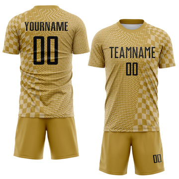 Custom Old Gold-White Geometric Patchwork Asymmetry Checkered Zigzag Lines Sublimation Soccer Uniform Jersey