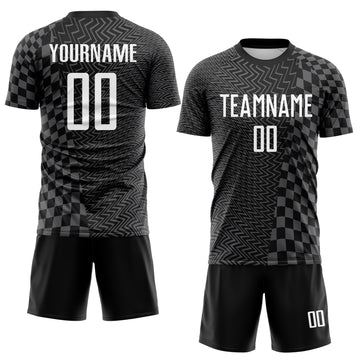 Custom Black White-Steel Gray Geometric Patchwork Asymmetry Checkered Zigzag Lines Sublimation Soccer Uniform Jersey