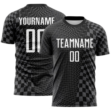 Custom Black White-Steel Gray Geometric Patchwork Asymmetry Checkered Zigzag Lines Sublimation Soccer Uniform Jersey