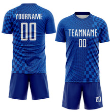 Load image into Gallery viewer, Custom Royal-White Geometric Patchwork Asymmetry Checkered Zigzag Lines Sublimation Soccer Uniform Jersey
