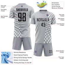 Load image into Gallery viewer, Custom Gray Black-White Geometric Patchwork Asymmetry Checkered Zigzag Lines Sublimation Soccer Uniform Jersey

