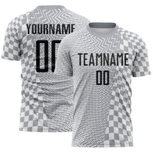 Load image into Gallery viewer, Custom Gray Black-White Geometric Patchwork Asymmetry Checkered Zigzag Lines Sublimation Soccer Uniform Jersey
