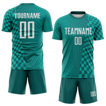 Load image into Gallery viewer, Custom Teal White-Aqua Geometric Patchwork Asymmetry Checkered Zigzag Lines Sublimation Soccer Uniform Jersey
