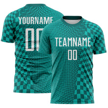 Load image into Gallery viewer, Custom Teal White-Aqua Geometric Patchwork Asymmetry Checkered Zigzag Lines Sublimation Soccer Uniform Jersey

