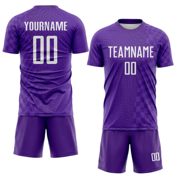 Custom Purple-White Geometric Patchwork Asymmetry Checkered Zigzag Lines Sublimation Soccer Uniform Jersey