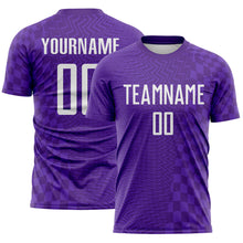Загрузить изображение в средство просмотра галереи, Custom Purple-White Geometric Patchwork Asymmetry Checkered Zigzag Lines Sublimation Soccer Uniform Jersey
