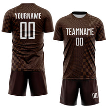 Load image into Gallery viewer, Custom Brown-White Geometric Patchwork Asymmetry Checkered Zigzag Lines Sublimation Soccer Uniform Jersey
