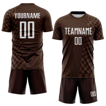 Custom Brown-White Geometric Patchwork Asymmetry Checkered Zigzag Lines Sublimation Soccer Uniform Jersey